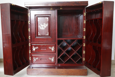 A heavy rosewood liquor cabinet inlaid with mother of pearl, probably Thai, 20th C.