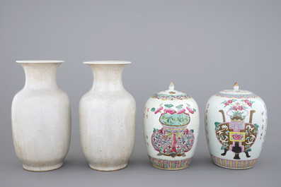 A pair of Chinese crackle glaze vases and two famille rose jars, 19/20th C.