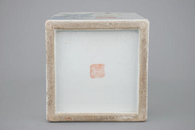 A tall square Chinese famille rose vase, 19th C.