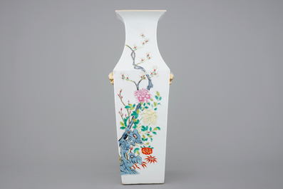 A tall square Chinese famille rose vase, 19th C.