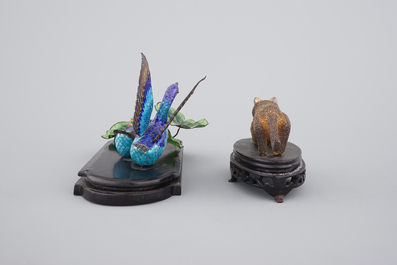 Two Chinese enameled silver groups, ca. 1940, a cat and two geese