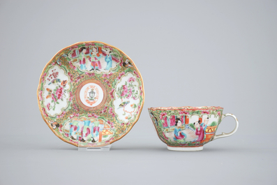 A set of 6 large lobed Chinese Canton rose medallion armorial cups and saucers, 19th C.