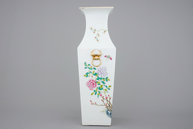 A tall square Chinese famille rose vase, 19th C.
