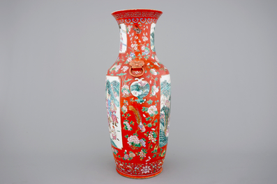 An unusual tall Chinese porcelain coral red ground vase, 19th C.