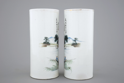 A pair of Chinese porcelain landscape hat stands, 19/20th C.