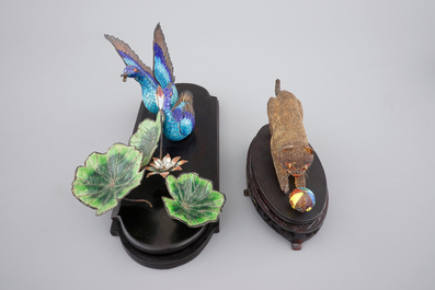 Two Chinese enameled silver groups, ca. 1940, a cat and two geese