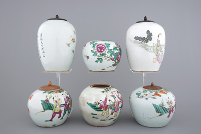 A lot of 6 Chinese famille rose ginger jars, 19/20th C.