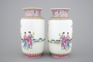 Two fine Chinese Republic famille rose porcelain rouleau vases, Jingdezhen, 20th C.