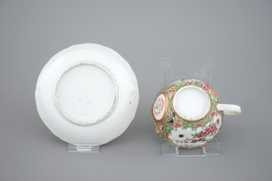 A set of 6 large lobed Chinese Canton rose medallion armorial cups and saucers, 19th C.