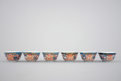 Six Japanese Imari porcelain cups and saucers, 18th C.