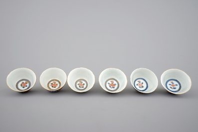 Six Japanese Imari porcelain cups and saucers, 18th C.