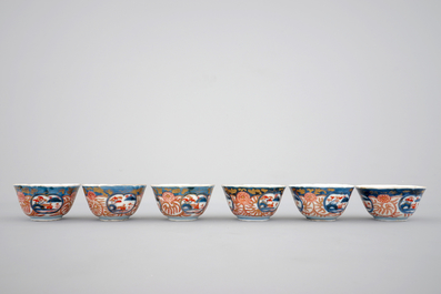 Six Japanese Imari porcelain cups and saucers, 18th C.
