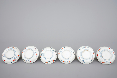 Six Japanese Imari porcelain cups and saucers, 18th C.