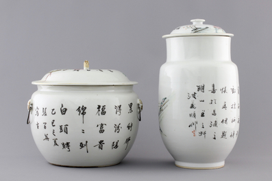 A Chinese porcelain famille rose jar w. cover and a bowl w. cover, 19/20th C.