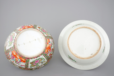 Two large Canton rose medallion bowls and a box with cover, 19th C.