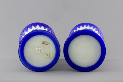 A pair of blue and white Chinese Peking overlay glass yenyen vases, early 20th C.