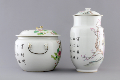 A Chinese porcelain famille rose jar w. cover and a bowl w. cover, 19/20th C.