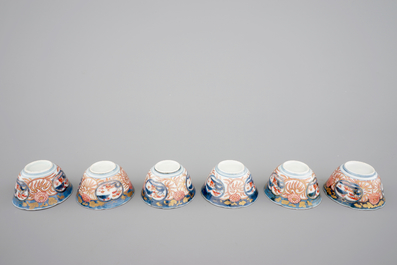 Six Japanese Imari porcelain cups and saucers, 18th C.