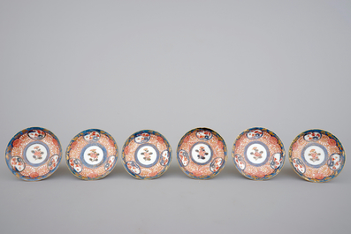 Six Japanese Imari porcelain cups and saucers, 18th C.