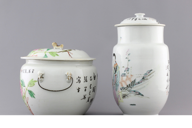 A Chinese porcelain famille rose jar w. cover and a bowl w. cover, 19/20th C.
