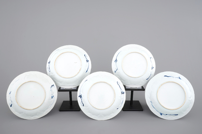 A set of five blue and white plates with ladies in a garden, Kangxi, ca. 1700