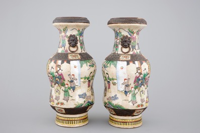 A tall pair of Chinese famille verte crackle glaze vases, Nanking, 19th C.