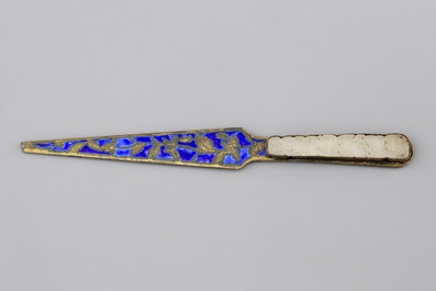 An enameled bronze and inset jade writing set, 19th C.