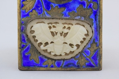 An enameled bronze and inset jade writing set, 19th C.