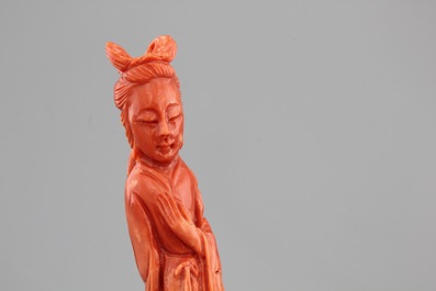 Four Chinese carved red coral figures, 19/20th C.