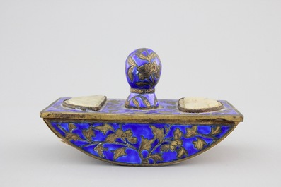 An enameled bronze and inset jade writing set, 19th C.