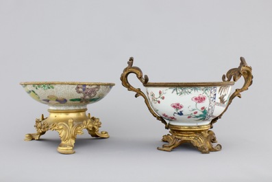 Two Chinese porcelain bowls with gilt bronze mounts, Yongzheng and 19th C.