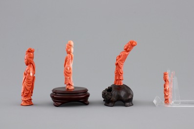 Four Chinese carved red coral figures, 19/20th C.