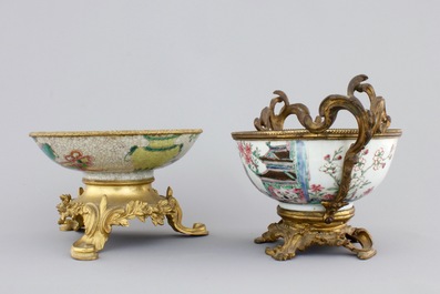 Two Chinese porcelain bowls with gilt bronze mounts, Yongzheng and 19th C.
