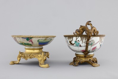 Two Chinese porcelain bowls with gilt bronze mounts, Yongzheng and 19th C.