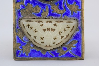 An enameled bronze and inset jade writing set, 19th C.