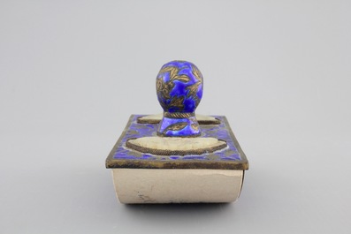An enameled bronze and inset jade writing set, 19th C.