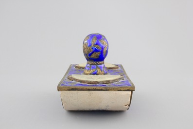 An enameled bronze and inset jade writing set, 19th C.