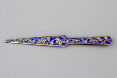 An enameled bronze and inset jade writing set, 19th C.
