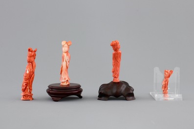 Four Chinese carved red coral figures, 19/20th C.