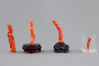 Four Chinese carved red coral figures, 19/20th C.