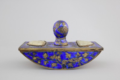 An enameled bronze and inset jade writing set, 19th C.