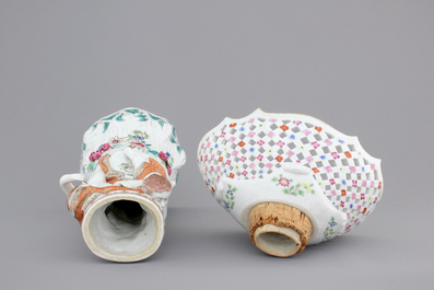 A rare Chinese export porcelain pierced fruit bowl on stand in Meissen style, Qianlong, 18th C.