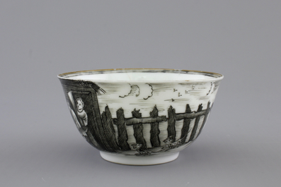 A Chinese grisaille porcelain European subject cup and saucer, Qianlong, 18th C.