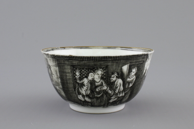 A Chinese grisaille porcelain European subject cup and saucer, Qianlong, 18th C.