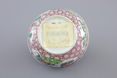 A Chinese famille rose porcelain cup and saucer with narcissus, chrysanthemum and peony, Yongzheng, 1722-1735