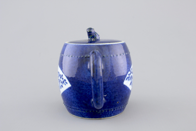 A Chinese porcelain powder blue teapot and cover, Kangxi, ca. 1700