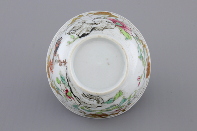 A Chinese famille rose, grisaille and gilt porcelain cup and saucer with a cockerel, 18th C