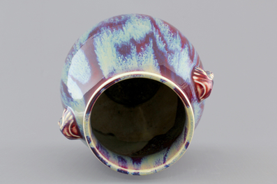 A Chinese porcelain flambe hu-shaped vase with elephant handles, 19/20th C.