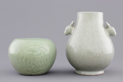 An underglaze decorated Chinese celadon brushwasher and a crackle glazed hu-shaped vase, 19/20th C.