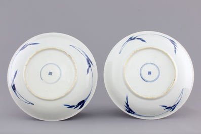 A nice pair of Chinese blue gound plates with peony scrolls, Kangxi, ca. 1700